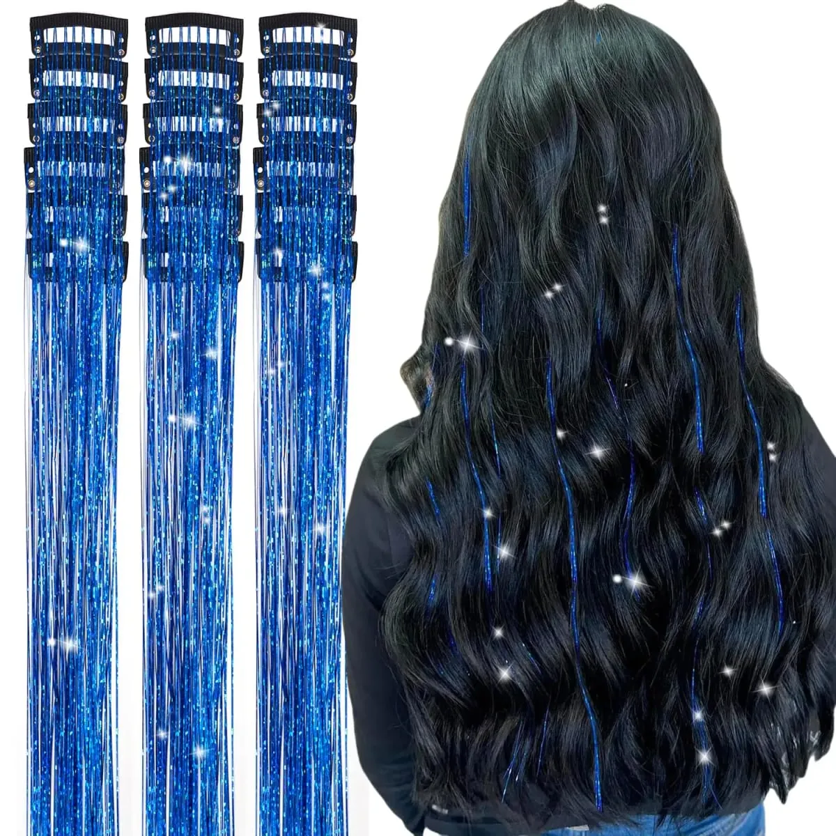 20 Inch Glitter Tinsel Hair Extensions with Clips In 6Pcs/Set Synthetic Clip in Sparkle Fairy Hair Accessories for Women Kids