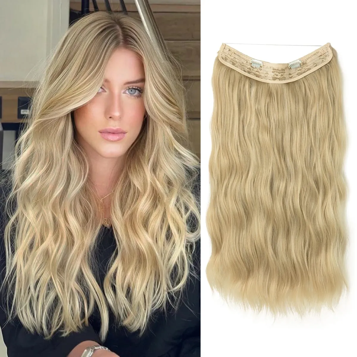 Synthetic Wave Invisible Wire With Clips Hair Extensions Fish Line Natural Blonde Clip In Hairpiece Fake Hair Piece — image 14
