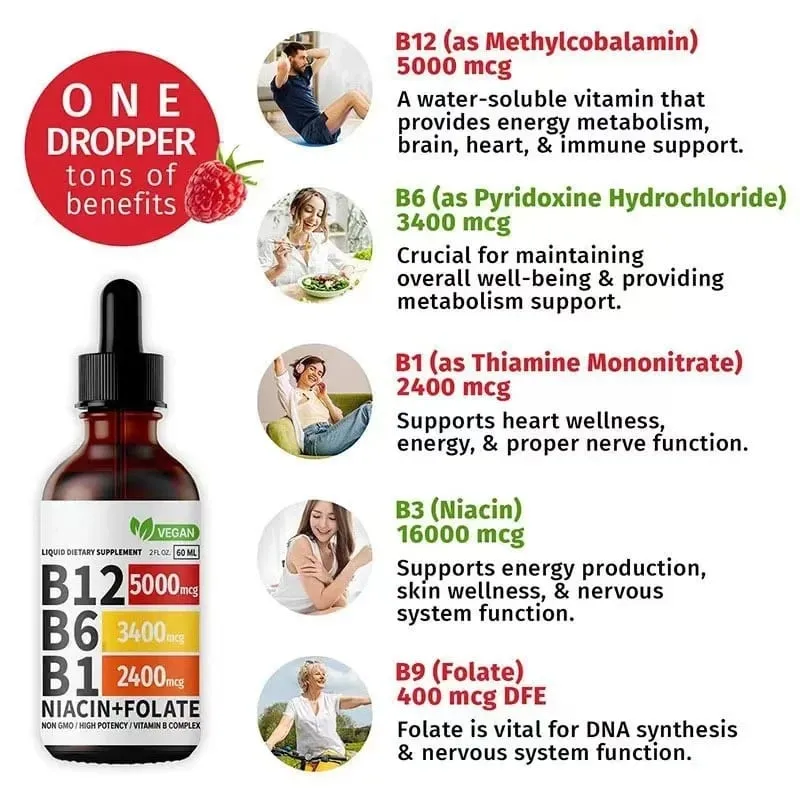 Vitamin B6 Kapky Komplex B12 B1 Folát Tekutý doplněk pro podporu trávicího systému Kapky Tekuté Kapky s trojitým vstřebáváním — image 3