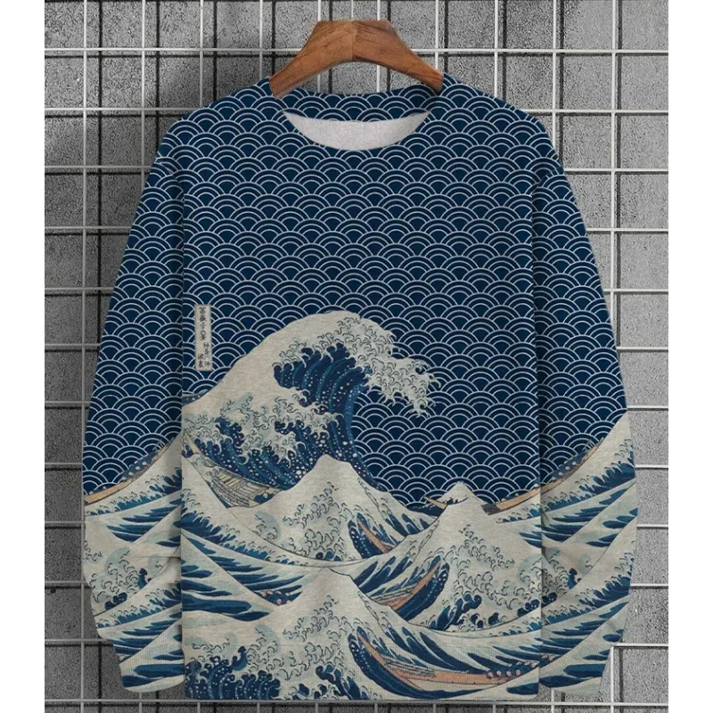 3D Print Ukiyoe Sea Wave Hoodie For Men Vintage Plant Graphic Pullover Autumn Long Sleeve Oversized Sweatshirt O-Neck Hoodies — image 1