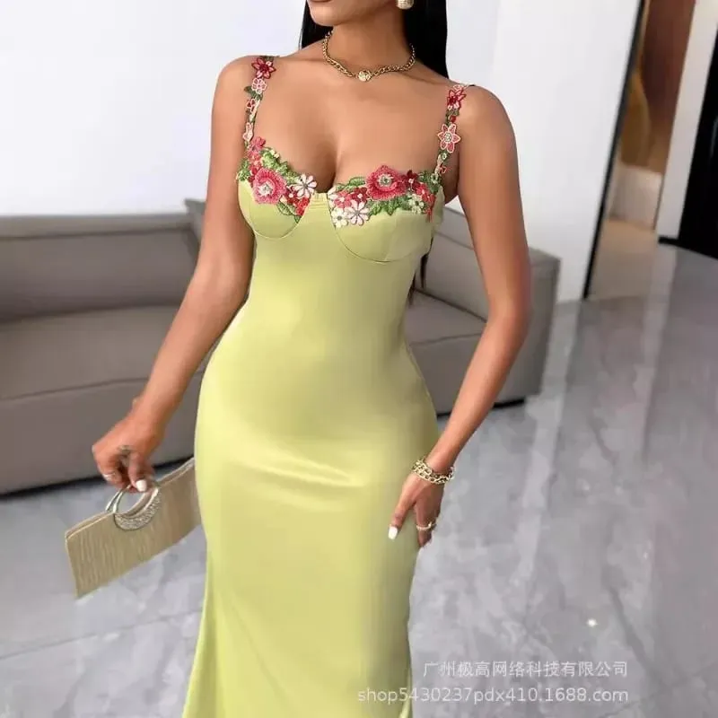 2024 Spring Summer New Women's Clothing Solid Color Embroidered Stitching Satin Sling Slim Dress — image 4