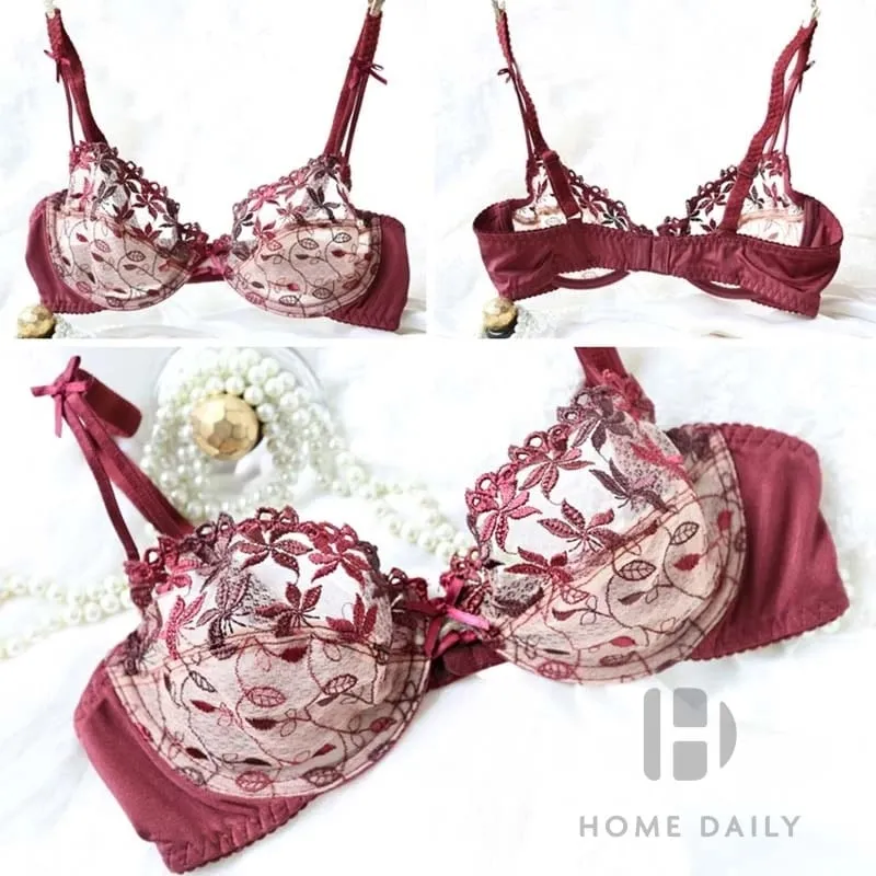Pure Desire Victoria Thin Bra Set Lace Mesh Red Beautiful Back Sex Underwear Hold Up with Underwire Transparent Bra Woman