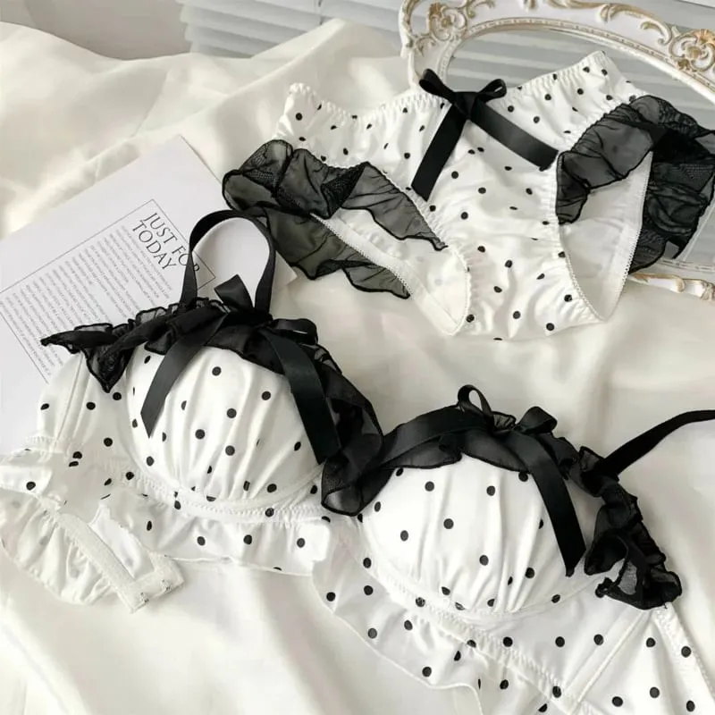 Women's Cute Bow & Polka Dot Bra Set - No Wire Push Up for Petite Chest Comfort Lace Underwear Set (2-Piece) — image 1