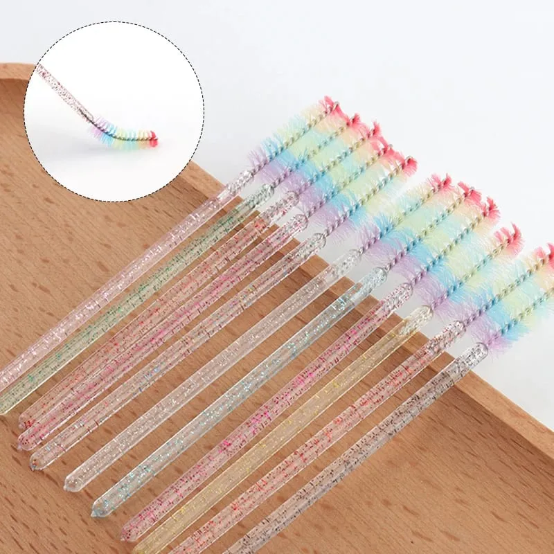 50pcs Disposable Crystal Eyelash Brush Lash Extension Makeup Brushes Mascara Wand Applicator Eyebrow Comb Rainbow Microbrush