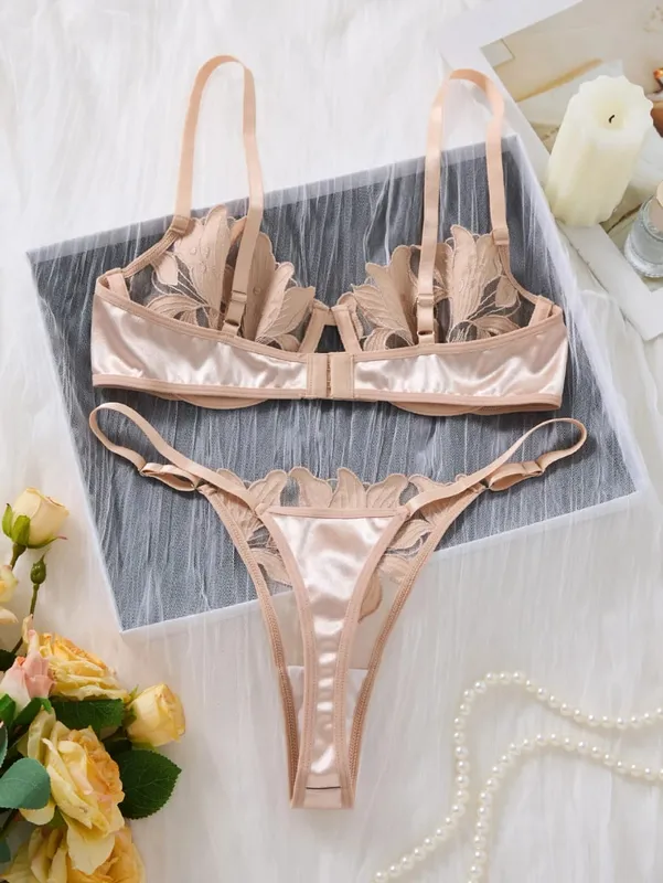 Champagne broderie florale ensemble de Lingerie Satin maille soutien-gorge à armatures string femmes sous-vêtements intimes lune de miel Boudoir ZA824031 — image 3