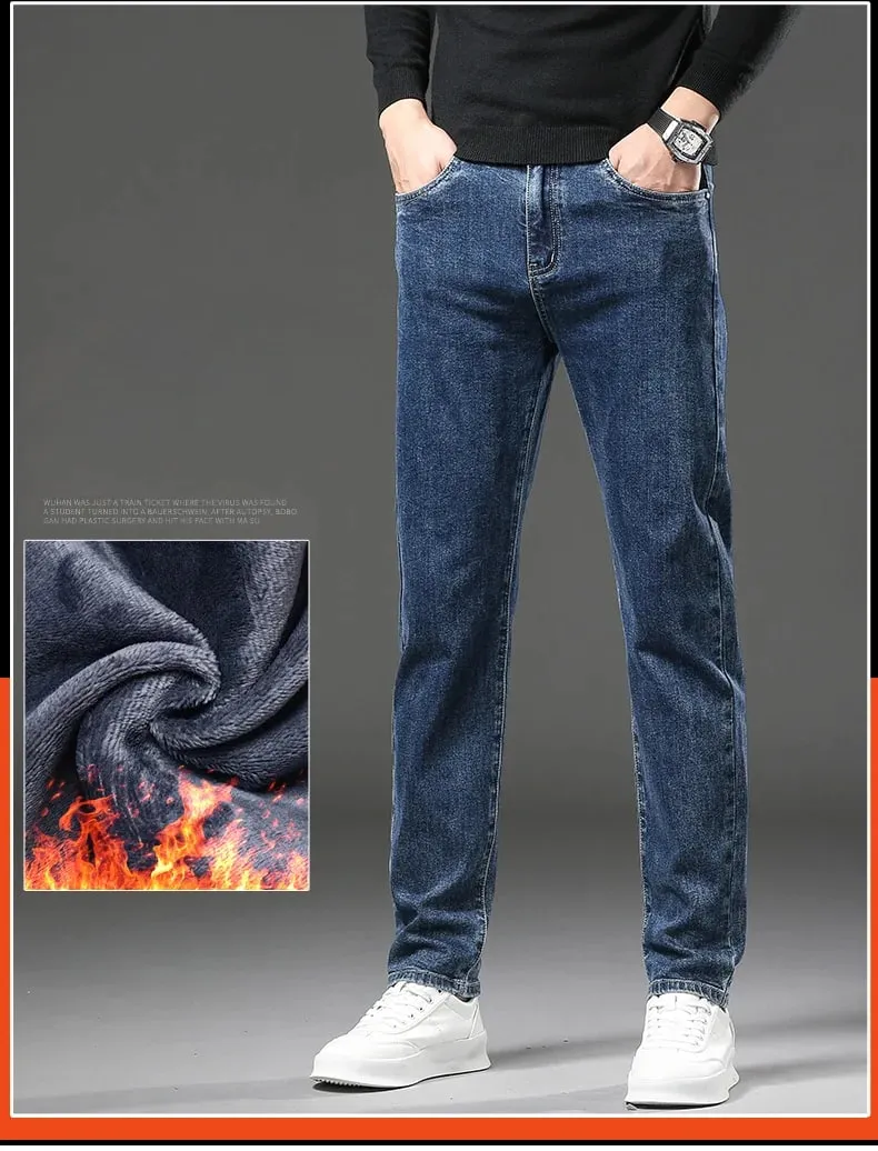 Winter Fleece Thick Warm Jeans Men's Slim Straight Elastic Denim Pants Casual Male Clothing Fashion Plush Trousers — image 6