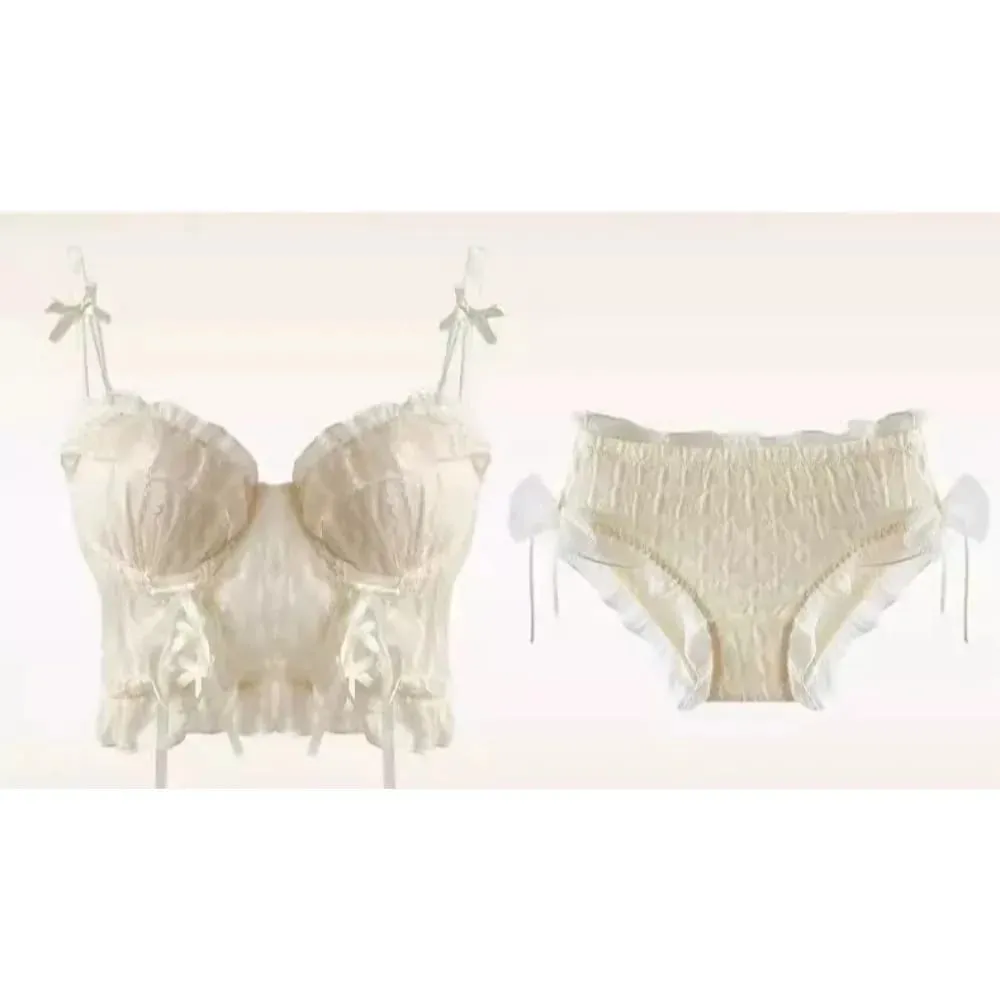 Dolce volant set reggiseno di pizzo donna piccolo busto push up maglia incrociata con spalline puro delicato quotidiano intimo morbido lingerie 2 pezzi 32-38AB