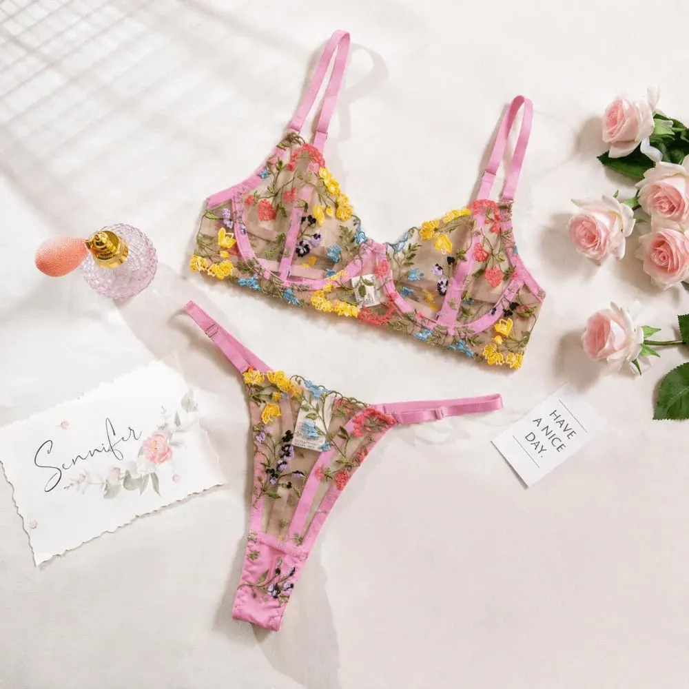 2 피스 보헤미아 꽃 란제리 세트 쉬어 자수 속옷 Intimates 다목적 Underwire 푸시 업 브래지어 팬티 세트 레이디 소녀 — image 6