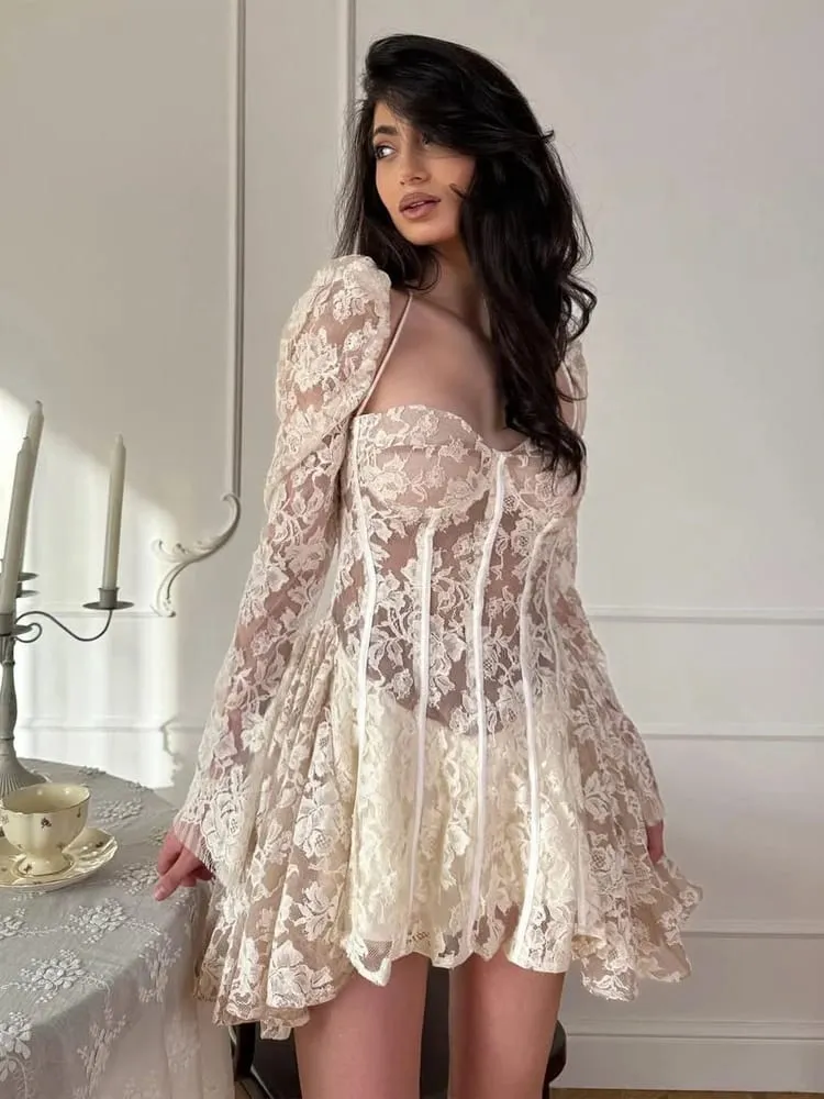 Mini Robe en dentelle blanche à lacets en arête de poisson pour femmes, tenue Chic, dos nu, manches longues, transparente, ligne a, Robe de soirée, 2026 — image 2