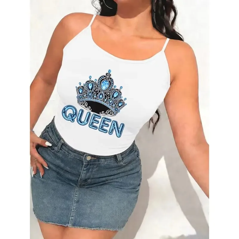 Kadın Spagetti Kayışı Cami Tank Top Mavi Kristal Taç Kraliçe Mektup Grafik Baskı Kolsuz Kaşkorse Yaz Rahat Temel Tops