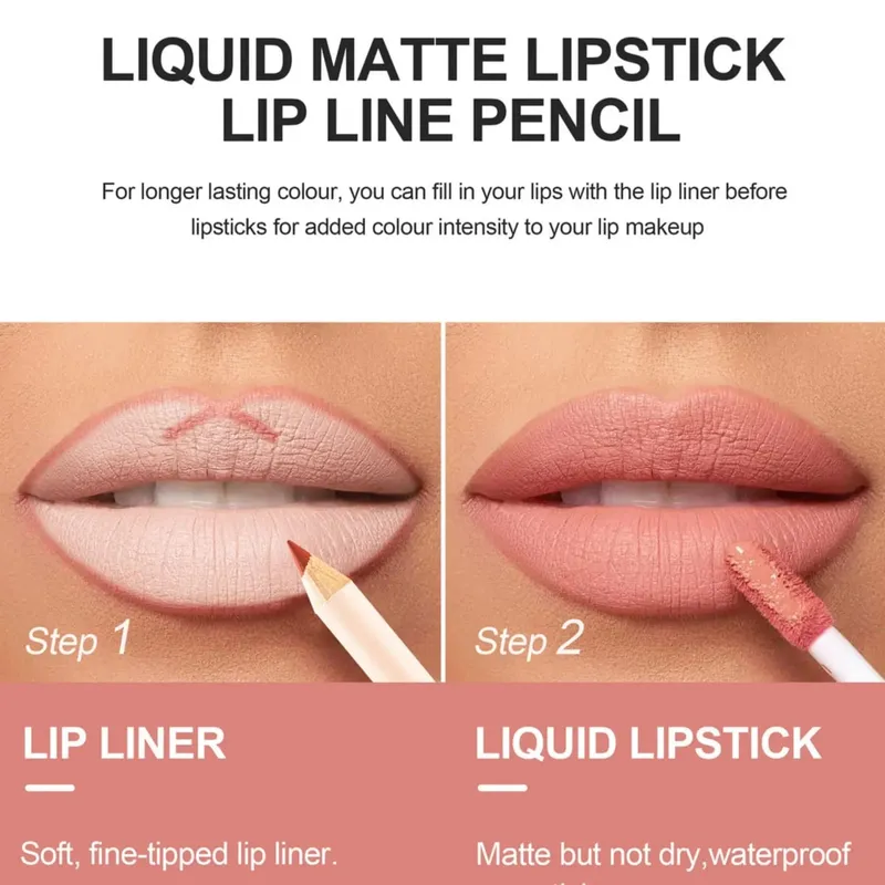 Women's 2-in-1 Lipstick Set with Lip Liner Waterproof Long-lasting Korean Makeup Matte Finish Cosmetics Kit Free Shipping