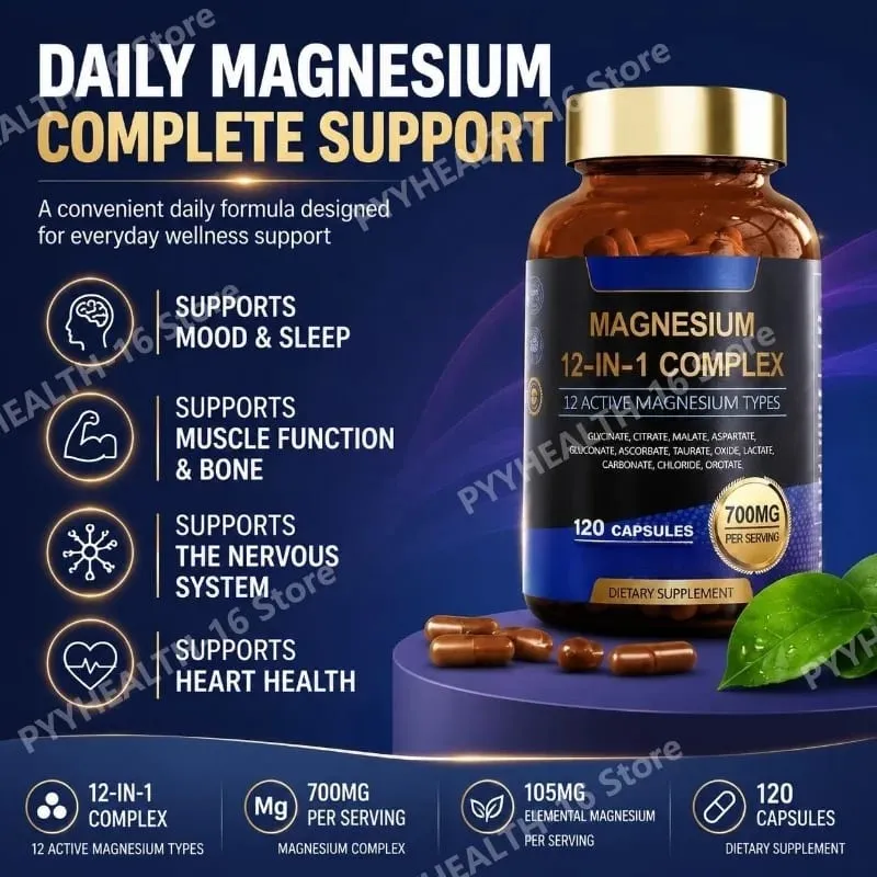 Magnesium Glycinate 12-in-1 Kompleks Tidur & Suasana Hati Mendukung Kesehatan Otot & Tulang Sitrat Malat Taurat 120 Kapsul Non-GMO