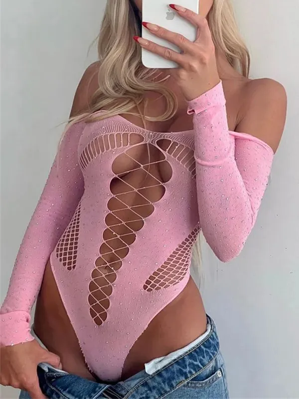 See Through Sparkly Mesh Bodysuit Women Long Sleeve Rhinestone Body Tops Hot Drill Female Party Nightclub Sexy Lingerie — image 15