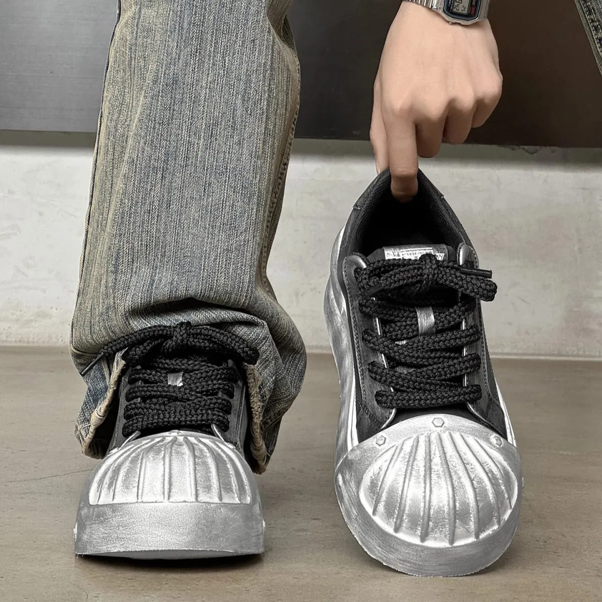 Wanita Lelaki Sneakers Low-top Shell-head PU Kulit Tapak tebal Mentinggikan Uniseks Riadah Bergaya Kasut Retro Lelaki Jurulatih Chunky — image 4