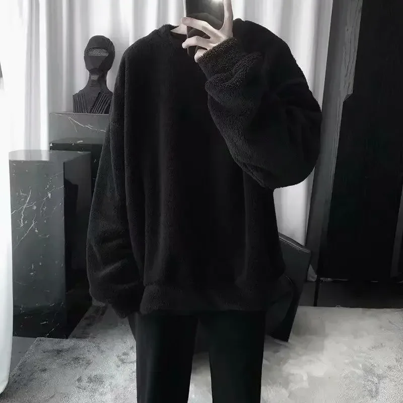 Oversize Sweatshirt Solid Color Lamb Hair O-Neck Long Sleeve Men's Sweatshirt Korean Fashion Loose Hoodies Streetwear Harajuku — image 5