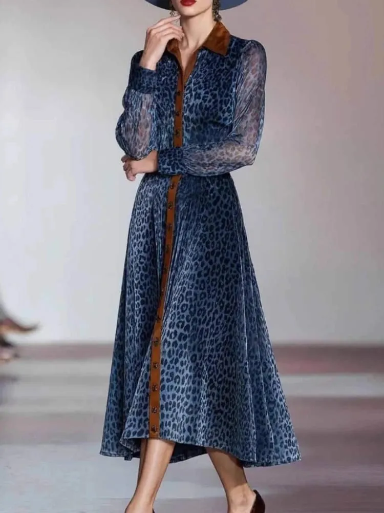 Dámské elegantní šaty Síťované šaty s leopardím potiskem Colorblock Klopový límec Jednořadové Vintage elegantní šaty s dlouhým rukávem — image 4