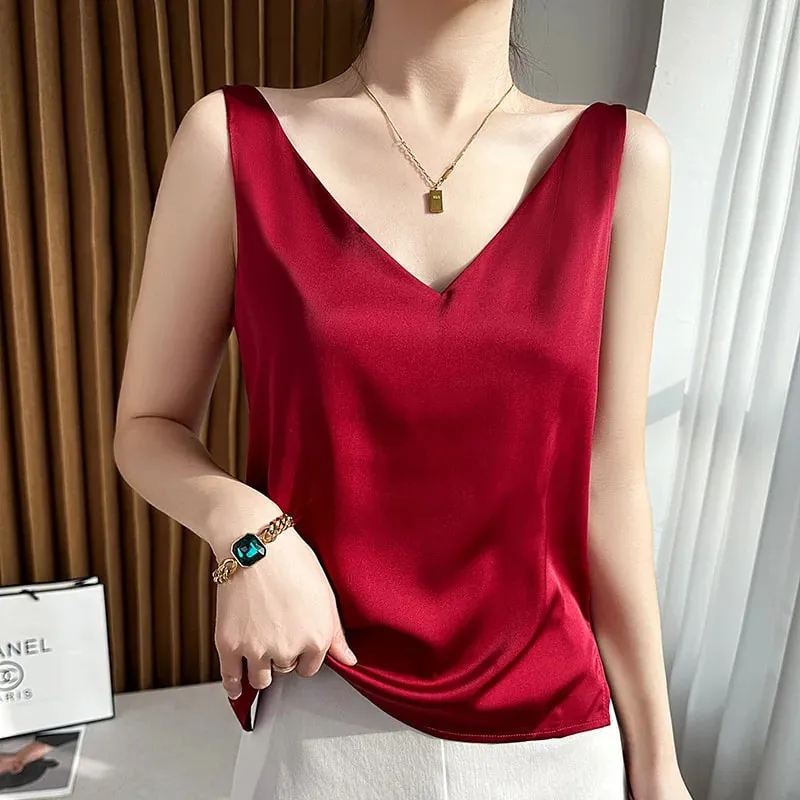 Silk Satin Women Double Shoulder Camisole Tank Top V-neck Sleeveless Top T-shirt Elegant Crop Top Solid Casual Basic 2025 Summer — image 2