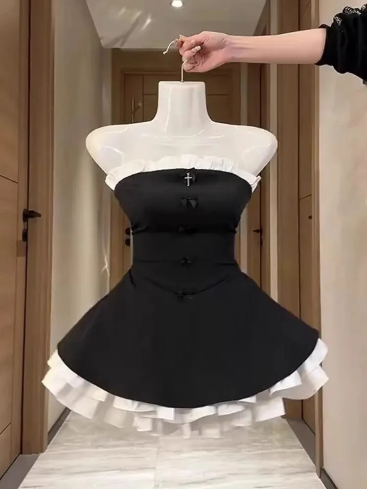 Summer New Vintage Elegant Woman Dress Strapless Bow Patchwork High Waist Puffy Mini Dress Female French Chic Sexy Outfits 2025 — image 6