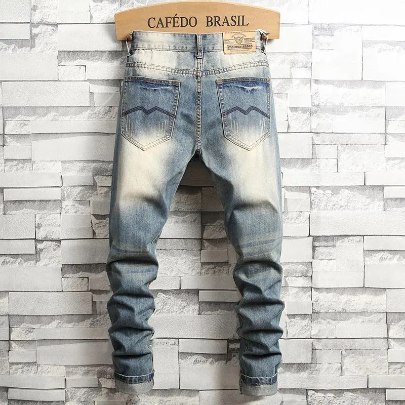 Distressed Ripped Jeans Men's Retro Blue Fashion Slim Motorcycle Trousers Male Hip-hop Street Male Hole Denim Pants — image 2