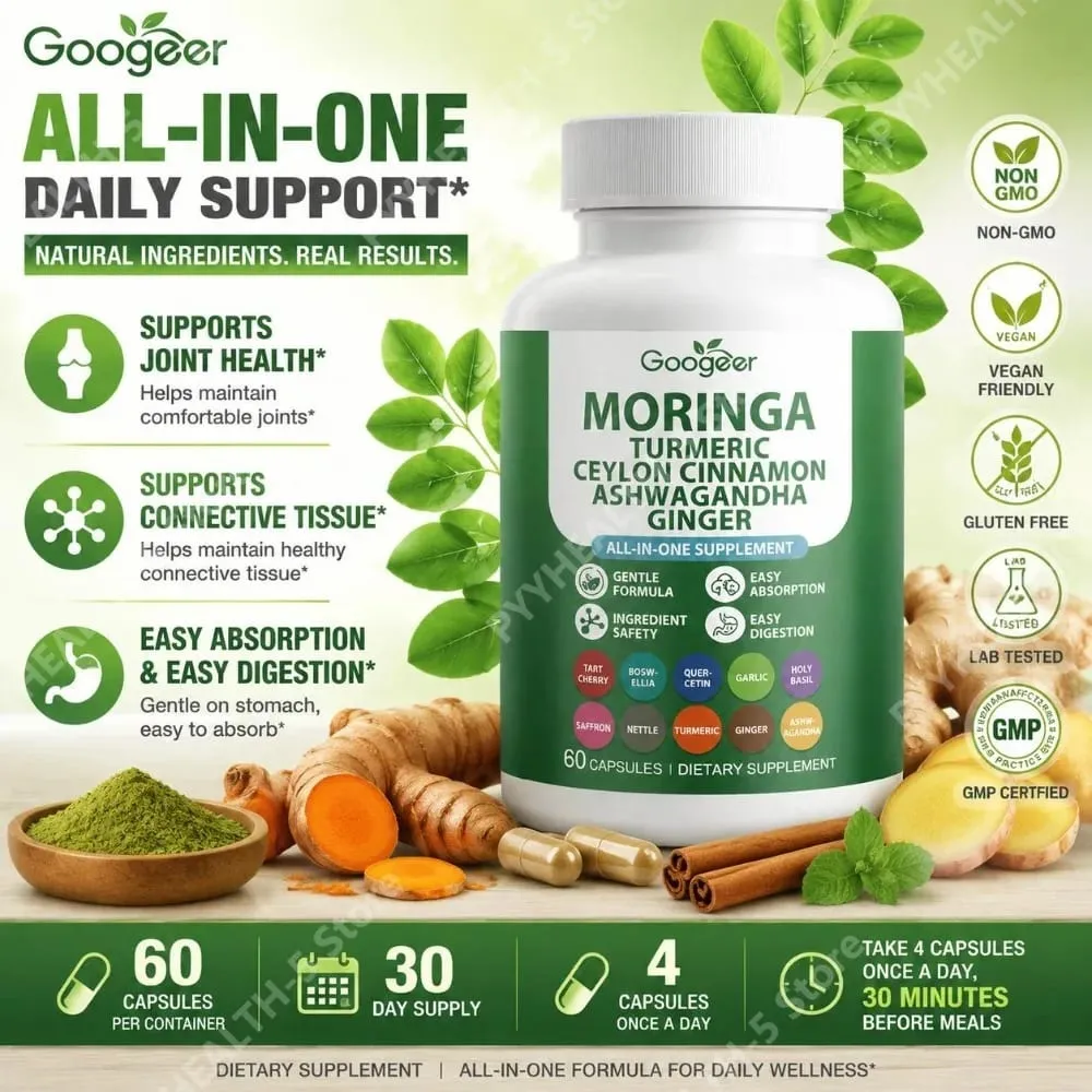 Googeer Moringa Turmeric Capsules All-in-one for Joint Health Support with Ashwagandha Ginger and Ceylon Cinnamon 60 Capsules — image 1