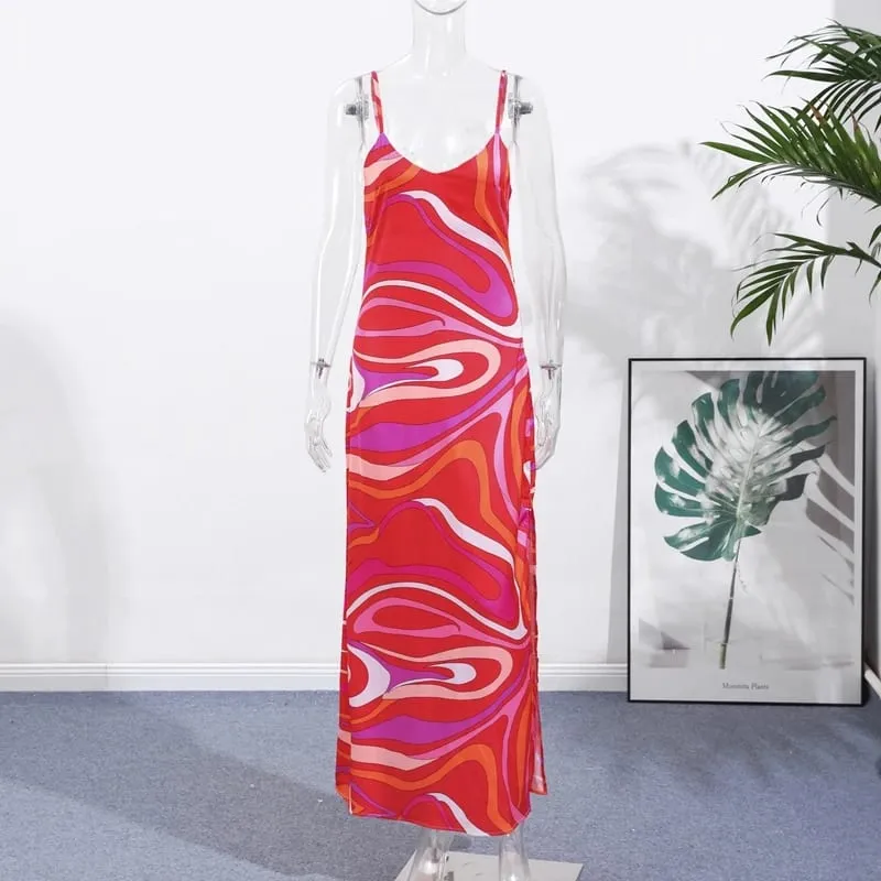 Fashion Printed Halter Long Dress for Women Elegant Sleeveless Backless Slim Bodycon Maxi Dresses Chic Summer Beach Party Robes