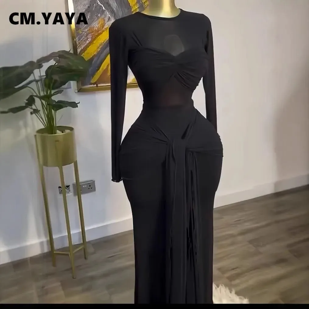CM.YAYA Women Mesh See Though Long Sleeve Maxi Bowknot Long Dress 2025 Evening Sexy Club Party Evening High Street Dresses — image 3