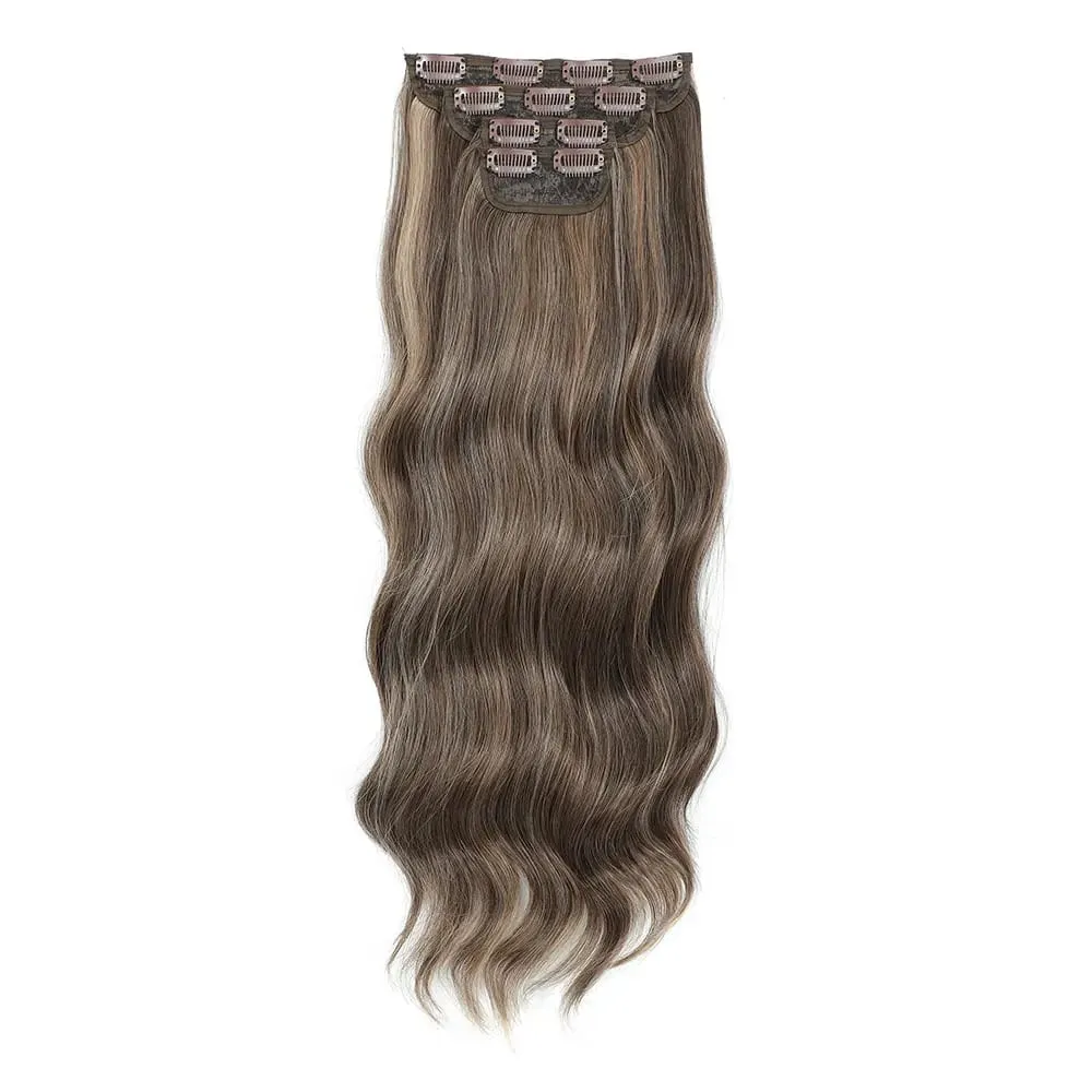 4 pçs/set 11 clipes 22 polegadas 220g ondas de praia clipe em extensões de cabelo loira arenosa champanhe resistente ao calor sintético peruca — image 19