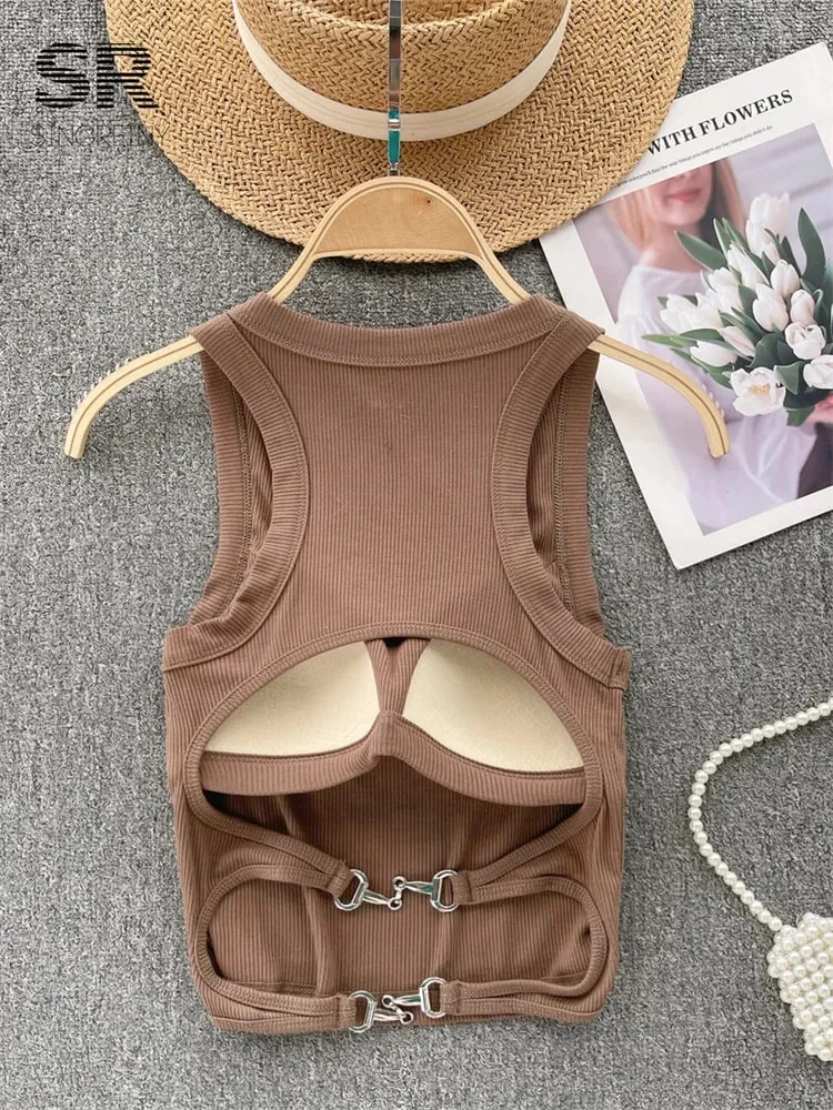 Sleeveless Knit Top Women Backless Korean Bra O Neck Solid Elastic Waist Ladies Elegant Fashion Casual Crop Top — image 5