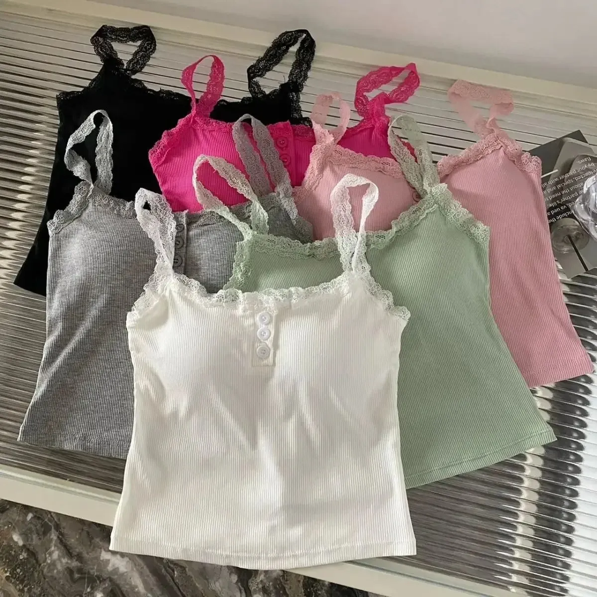 2024 Solid Color Knit Tank Top Vest Women Female Slim Undershirt Sexy Lace Camisole With Chest Pad Crop Tops Sleeveless T Shirt — image 10