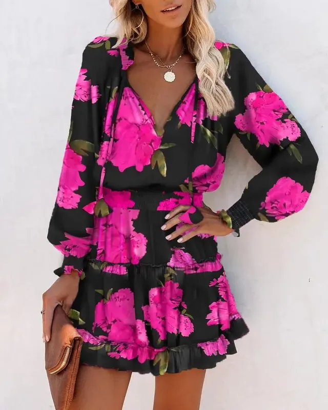 Color Printed Mini Dresses Women Spring Summer Long Sleeve V-neck Elastic Waist Ruffles Dress Fashion Trendy Ladies Vestidos — image 10