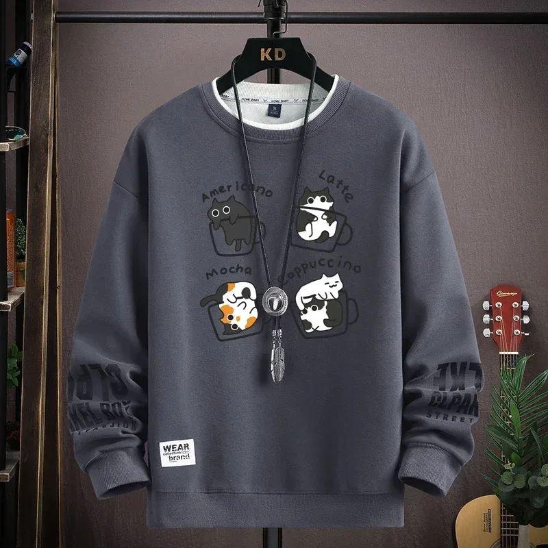 Spring Men's Sweatshirt Japan Cartoon Cats Printed Long Sleeve T-shirt Fashion Men's Clothing Khaki O Neck Harajuku Top 2024 New — image 7