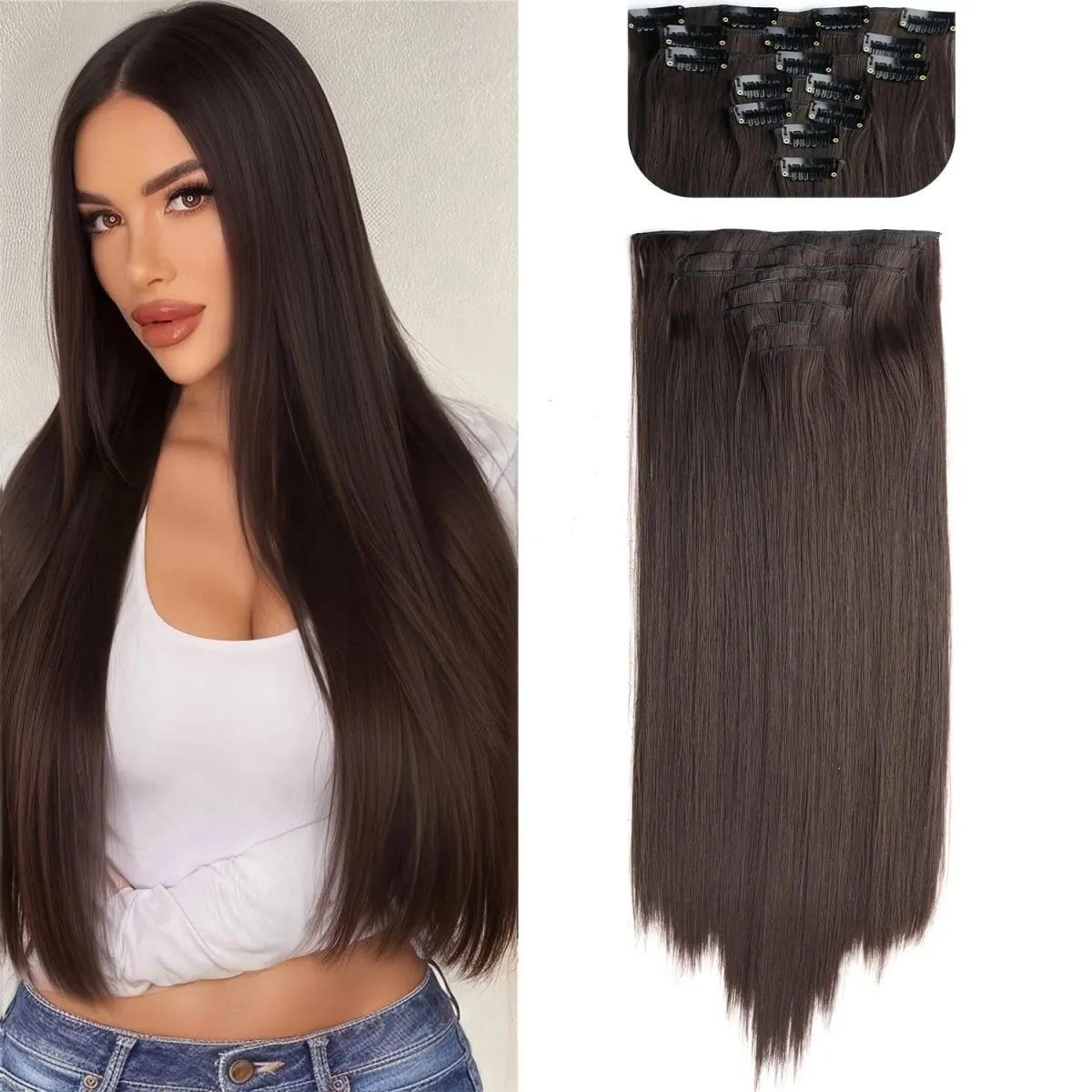 Long Straight Hairstyle 16 Clips 7Pcs/Set Hair Extensions Natural Synthetic Blonde Black Hairpieces Heat Resistant For Women — image 7