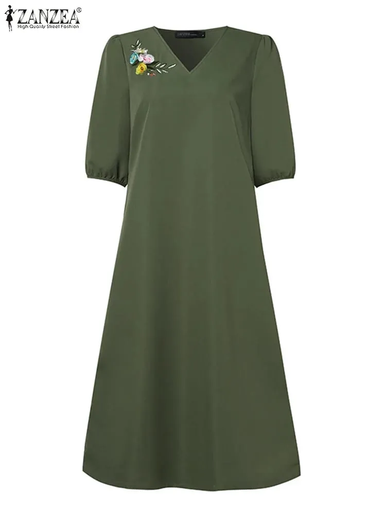 Women V Neck A-line Vestidos Solid Holiday Casual 2024 Summer Dresses Commute Half Sleeve Floral Embroidery Midi Dress — image 4