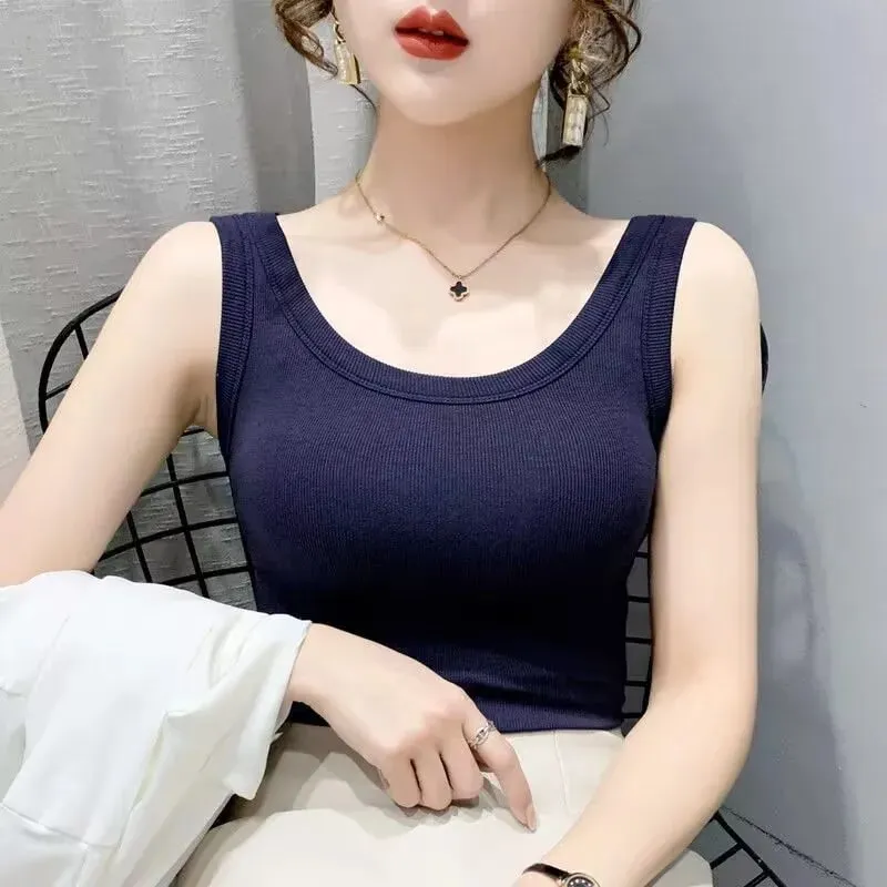 2023 Summer Women Basic Ribbed Knitted Tank Top Solid Color Sleeveless T-shirts Casual Camis Green Blue Elastic Female Tops — image 13
