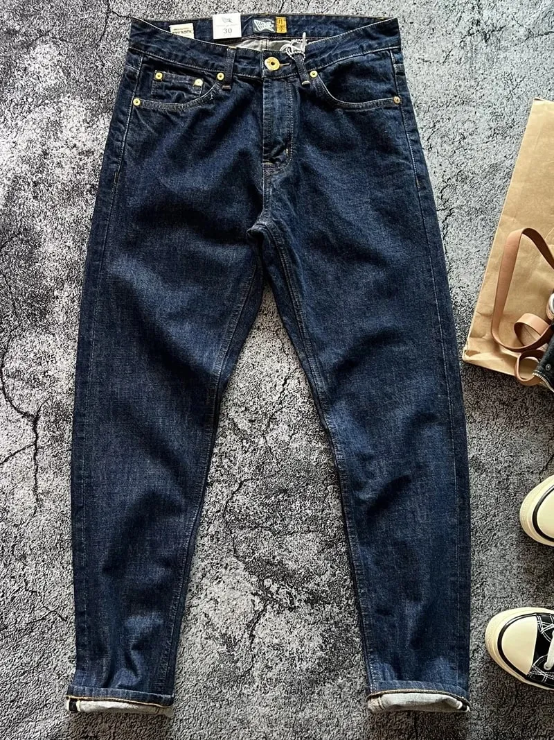 14oz High Quality 100% Cotton One Wash Raw Deep Blue Denim Jeans for Men Red Selvedge Slim Straight Pants Vintage Y2K Youth Male — image 2