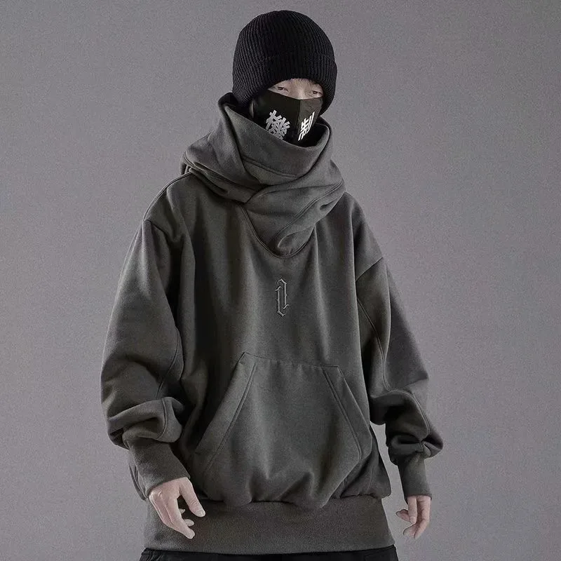 Felpa a collo alto con ricamo Felpa oversize Y2K Uomo Donna Felpa con cappuccio Ninja giapponese Autunno Hip Hop Tasca in pile Streetwear