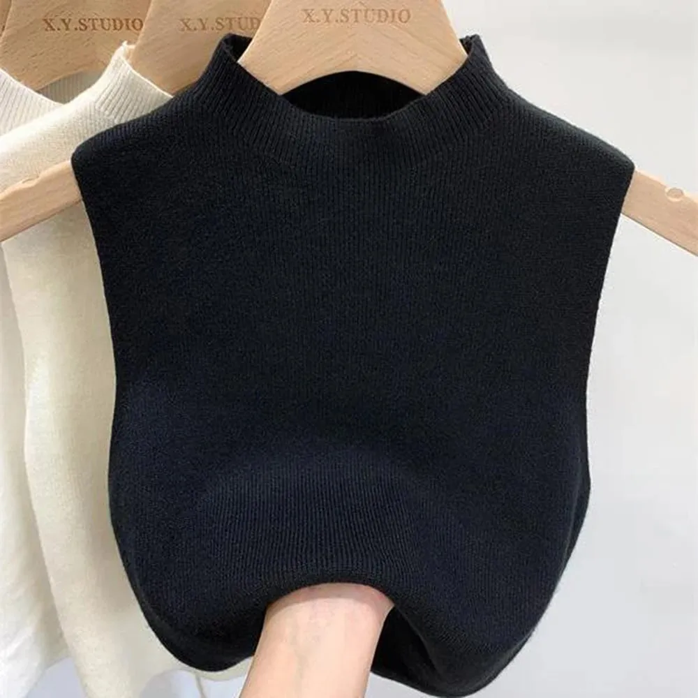 Women's Vest Tank Top Solid Color Knitted Tees Cropped Camisole Sweater Half-turtleneck Spring Autumn Sleeveless топ женский — image 5