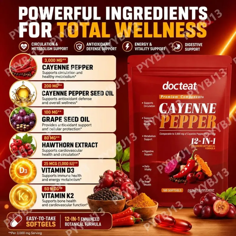 Docteat Cayenne Pepper softgels s vitaminem D3 a K2 pro energetický metabolismus a podporu trávení Antioxidační obrana 180 měkkých gelů — image 4