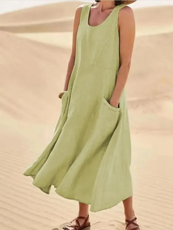 Women Coton Linen Sundress Summer Female Sleeveless Double Big Pocket Loose Sand Beachwear Long Dress Oversized S-5XL LRFZ-818 — image 11