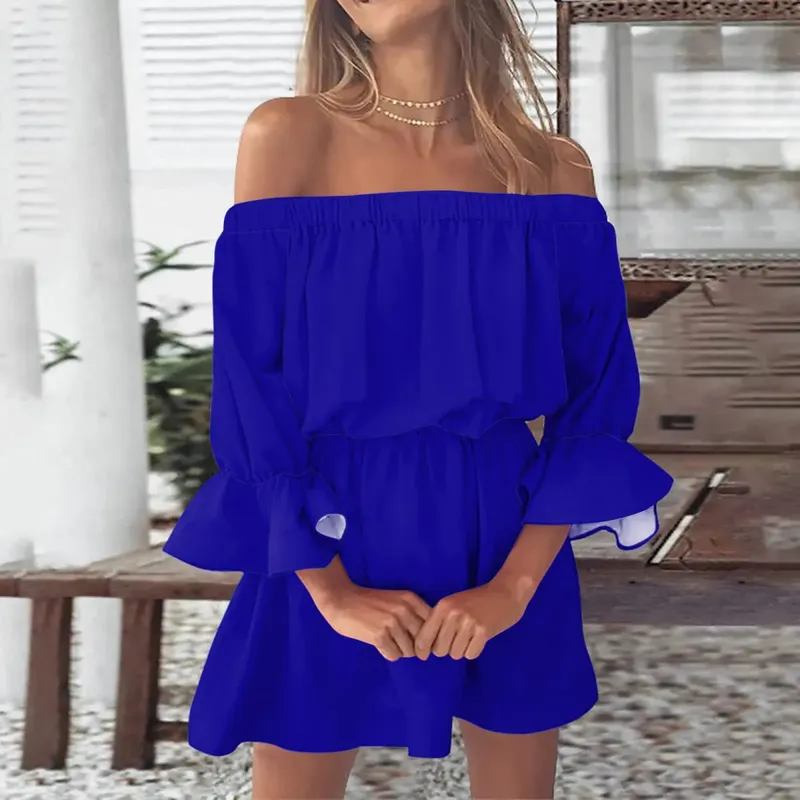 Sexy Off Shoulder Tunic Dress Women Solid Color Flare Sleeve Elastic Waisted Short Dresses Streetwear Midi Dress Ropa De Mujer