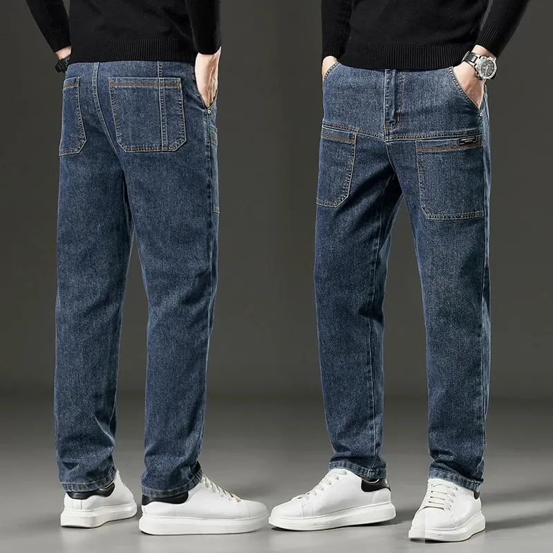 6 Pocket Design Denim Jeans Men's 2025 New High Elasticity Denim Casual Trousers Straight Male Pants Fashion Mid-waist Jeans — image 2