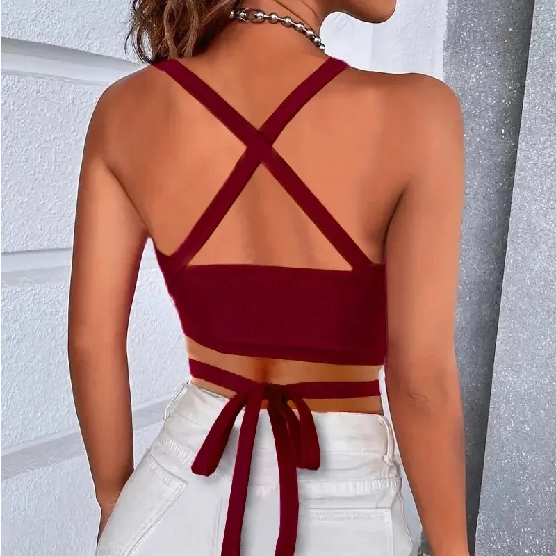 Y2k Women Summer Tank Tops Sexy Solid Color Backless Cross Bandage Crop Tops High Street Wear 2024 Fashion Wine Red Camis Corset — image 2
