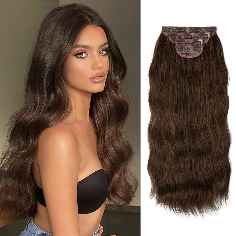 22" 4pcs/set Synthetic Clip In Hair Extensions Elegant Long Wavy Thick Hairpiece Daily Use Brown Blonde Natural Fake Hair — image 10