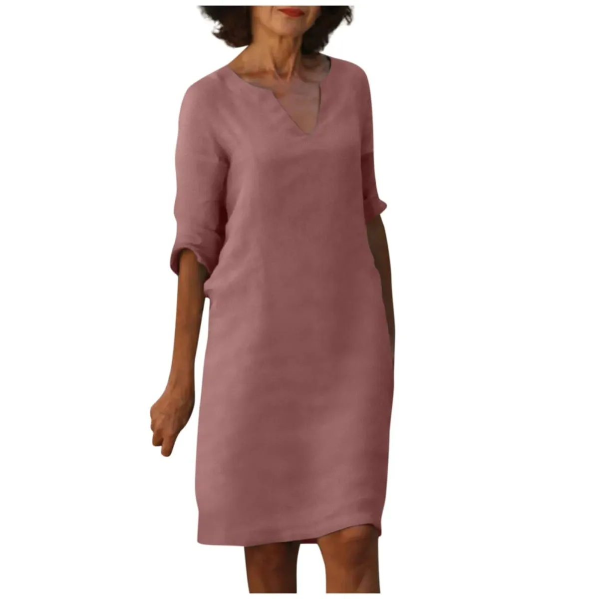 Cotton Linen Women's White Mini Dresses Half Sleeve Holiday Vacation Women's Dress V Neck Solid Color Women's Summer Party Dress