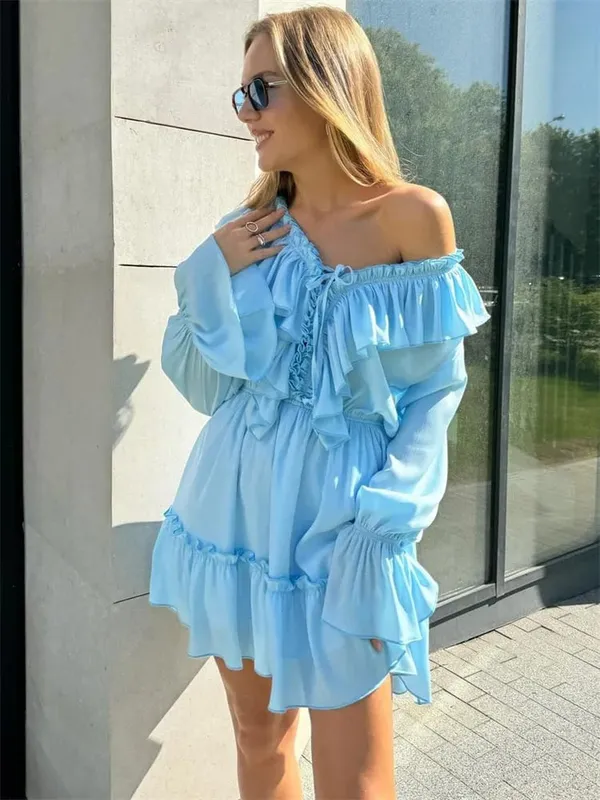 Tossy Ruffled V-Neck White Mini Dress Female Patchwork Long Sleeve Elegant Bandage Fashion Dress High Waist Lace-Up Women Dress — image 8