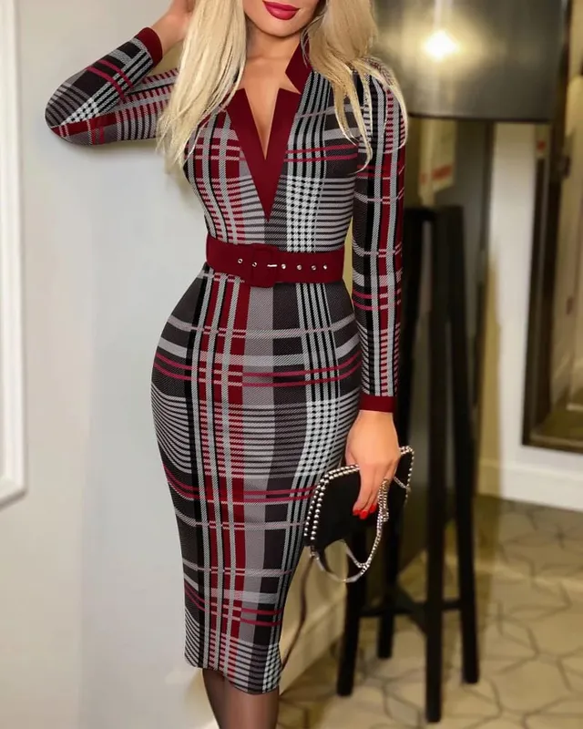 Women's Sexy Geometric Pattern V-Neck Midi Pencil Dress with Belt Long Sleeve Knit Bodycon Dress Suitable for All Seasons — image 2