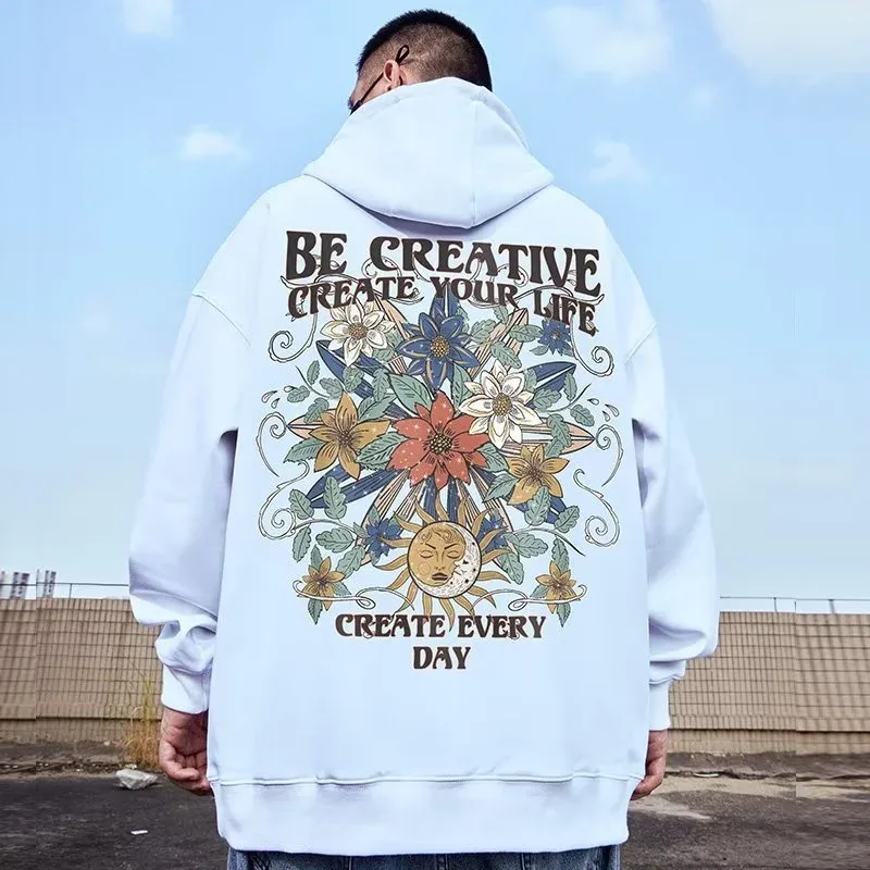 M-8XL Oversized hoodies Herr American Sun Moon Flower Print Oversized hoodie Lös hoodie Students stor huvtröja