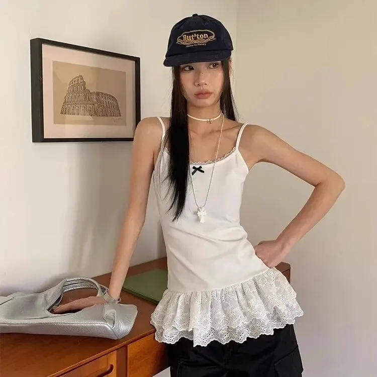 Women Patchwork Lace White Suspender Vest Trim Bottom Hem Layer Skinny Halter Tops Ruffle Edge Skin-friendly Breathable Vest — image 8