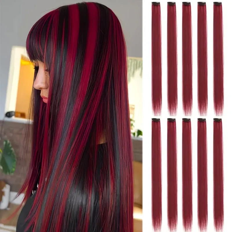 10Pcs Klip Berwarna 24 Inci Dalam Sambungan Rambut Potongan Rambut Serlahan Sintetik Lurus Untuk Pesta Cosplay Gadis — image 12