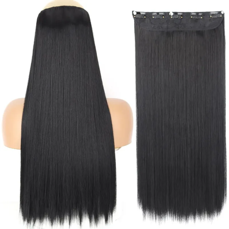 32inch Synthetic Hair Extensions One Piece 5 Clips Long Straight High Temperature Fiber Black Brown Hairpiece